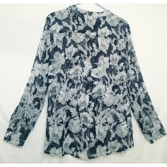 Liz Claiborne Navy White Floral Sheer Button Up Long Slv Size See Measurement's - Picture 3 of 8